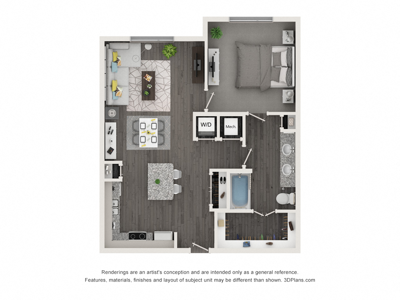 Floor plan for 1 bed, 1 bath, 818 sqft